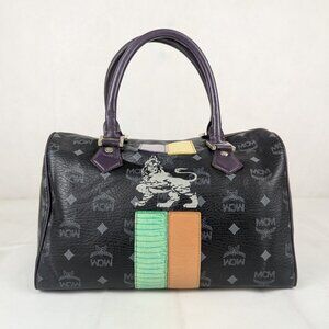 MCM Visetos Lion Princess Boston Bag Black in Leather